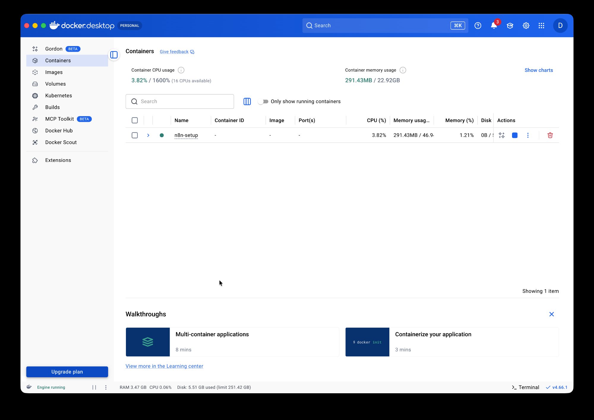 Docker Desktop showing n8n containers running