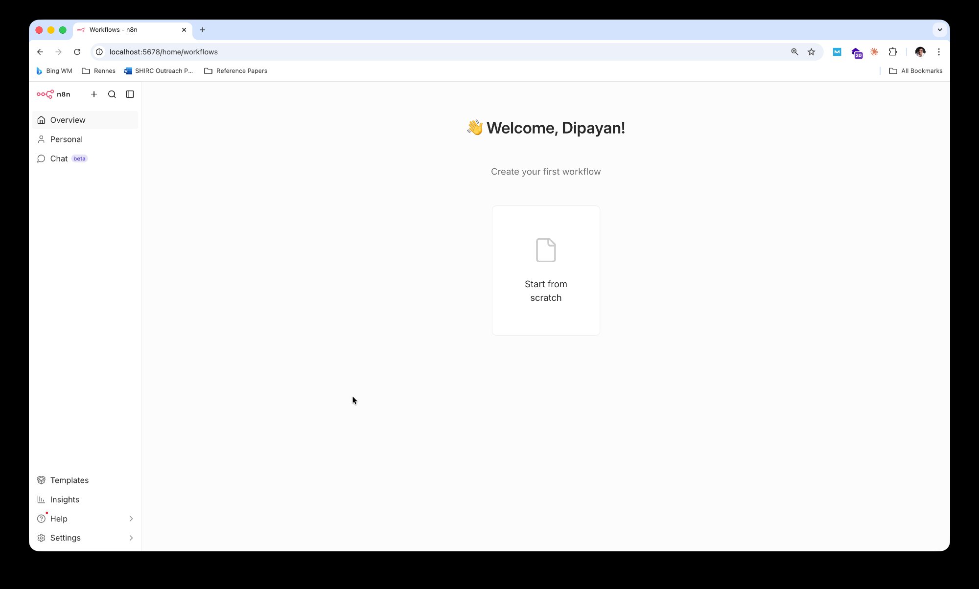 n8n welcome screen at localhost:5678