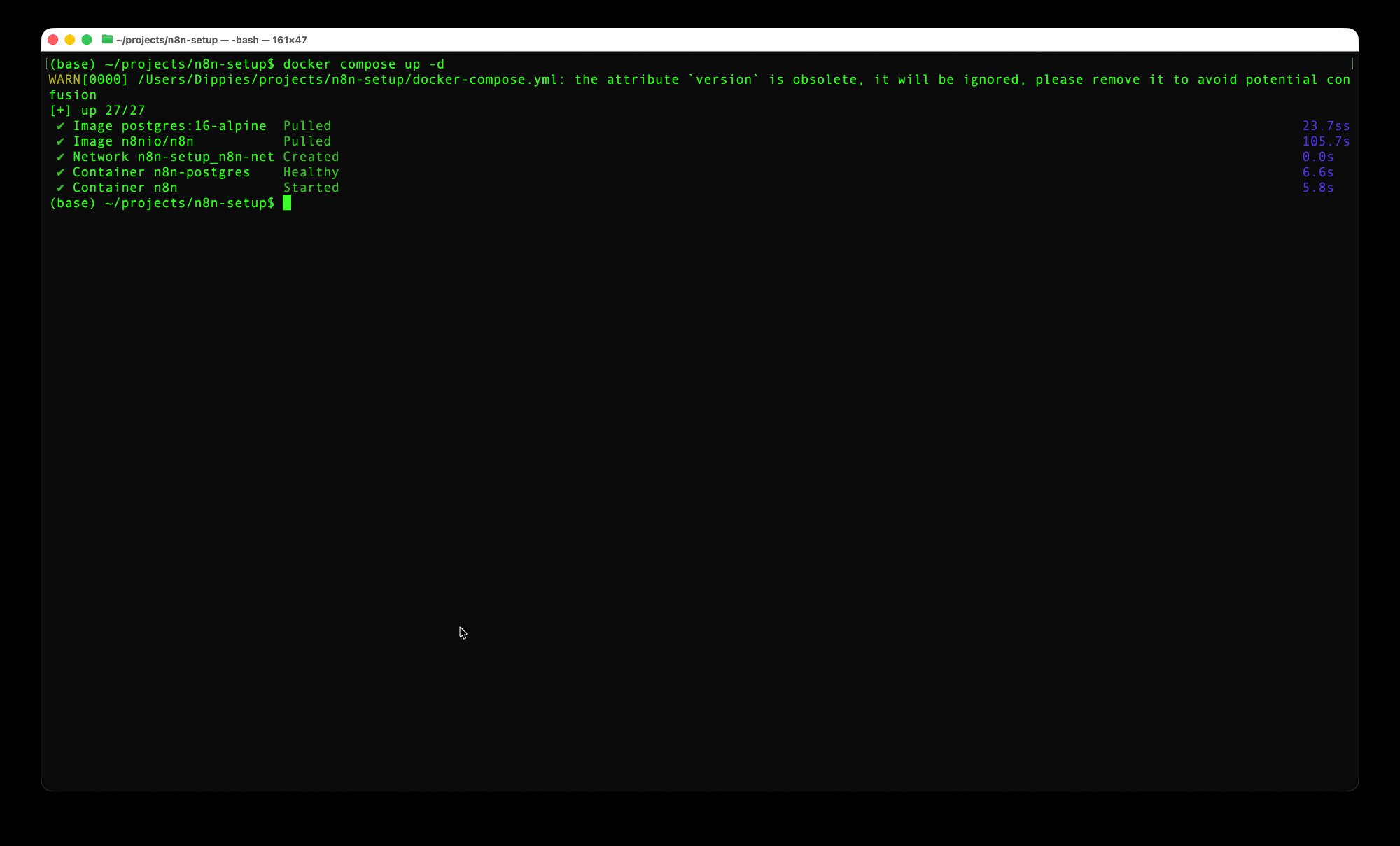 Terminal showing docker compose up output